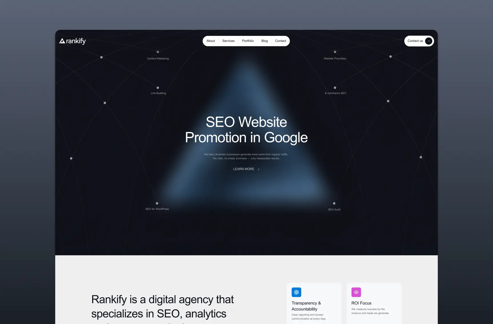Макет головної сторінки Rankify з акцентом на SEO Website Promotion in Google та блоками про агентство